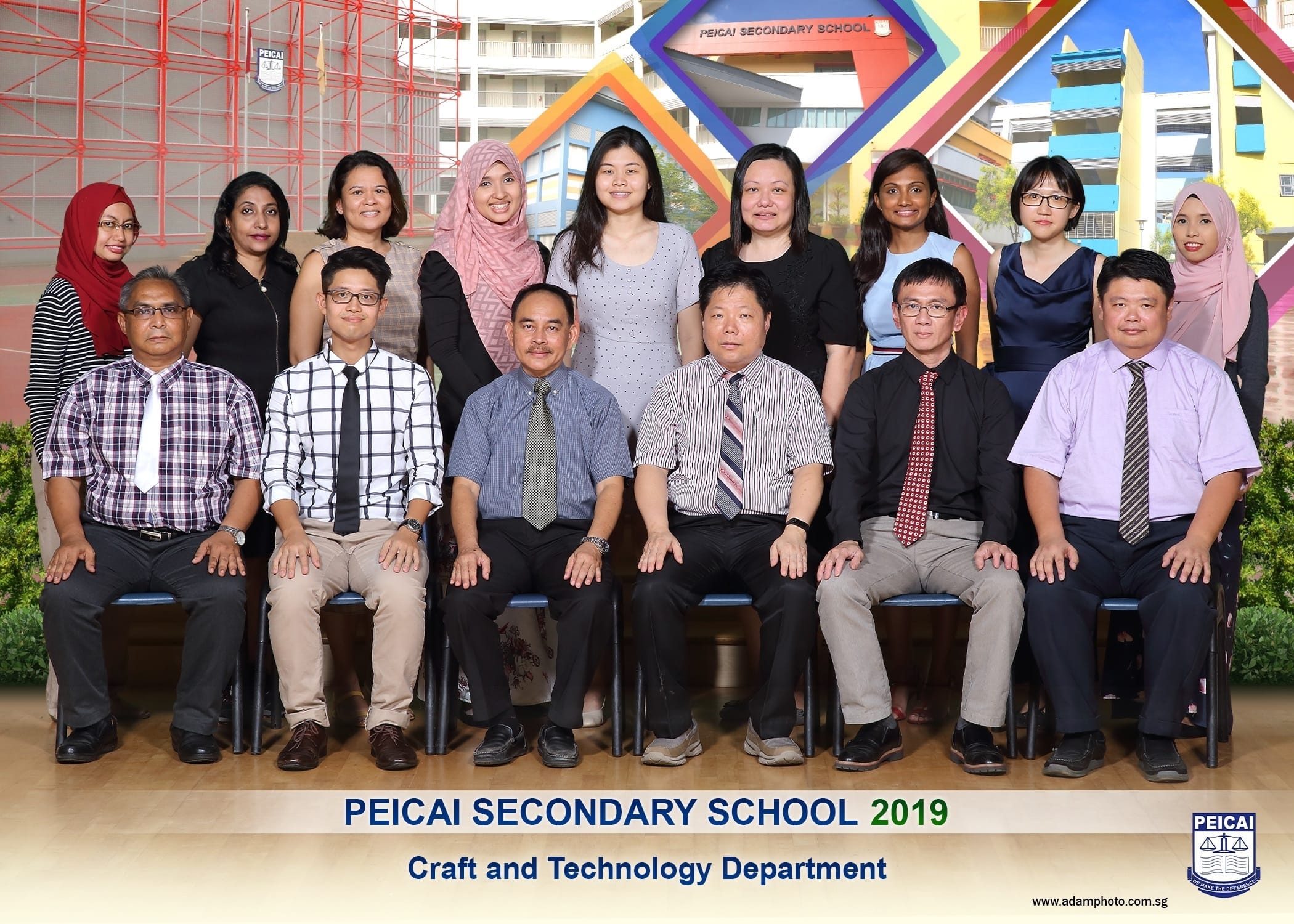 Group photo of Peicai Secondary School 2019 Craft and Technology Department staff posed in two rows outdoors.